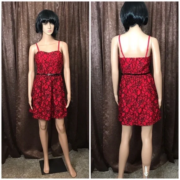 Lily Rose Dresses | Lily Rose Red/Black Floral Belted Lace Dress Sz M | Color: Black/Red | Size: M | Jhansen79'S Closet